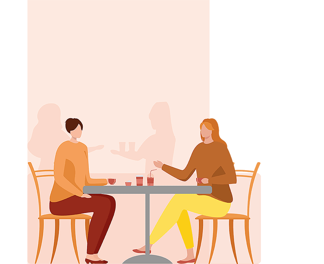Illustration showing two women sat at a table, a variety of drinks are on the table.